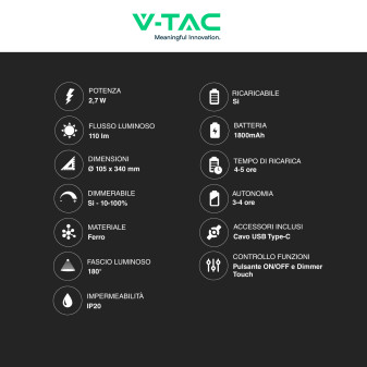 V-Tac VT-7967 Lampada LED SMD da Tavolo 2,7W 3in1 Ricaricabile