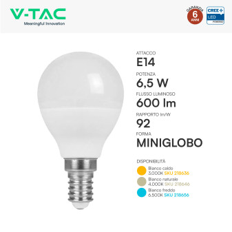 V-Tac VT-270 Lampadina LED E14 6,5W MiniGlobo P45 SMD Chip CREE