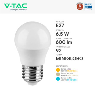 V-Tac VT-270 Lampadina LED E14 6,5W MiniGlobo G45 SMD Chip CREE
