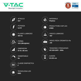 V-Tac VT-270 Lampadina LED E27 6,5W MiniGlobo G45 SMD Chip CREE