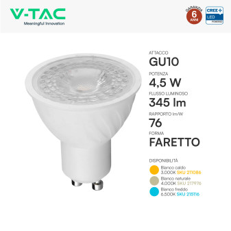V-Tac VT-275 Lampadina LED GU10 4,5W Faretto PAR16 SMD Chip CREE