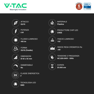 V-Tac VT-247 Lampadina LED GU10 6W Faretto PAR16 Chip CREE