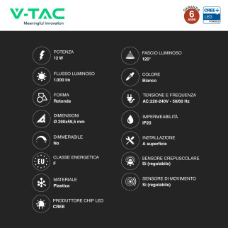 V-Tac VT-13 Plafoniera LED Rotonda 12W SMD Chip CREE