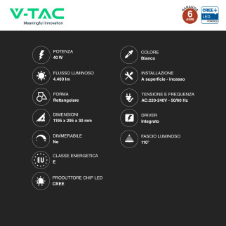 V-Tac Pro VT-6147 6 Pannelli LED CREE Rettangolari 120x30 40W