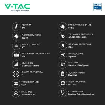 V-Tac VT-80068 Lampada LED da Muro 8W SMD Chip CREE Applique