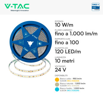 V-TAC VT-2835 120 Striscia LED 10W/m SMD Chip CREE 24V 10m