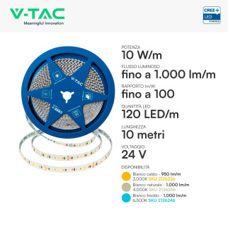 V-TAC VT-2835 120 Striscia LED 10W/m SMD Chip CREE 24V 10m