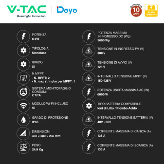 V-Tac Inverter Monofase Ibrido On-Grid / Off-Grid 6kW IP65