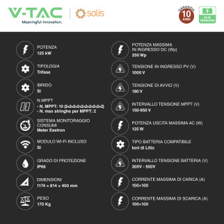V-Tac Solis Inverter Trifase Ibrido On-Grid / Off-Grid 125kW IP66