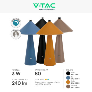 V-Tac VT-10117 Lampada LED da Tavolo 3W 3in1 Ricaricabile Dimmerabile
