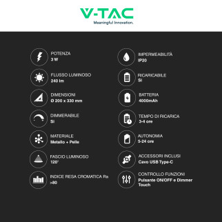V-Tac VT-10117 Lampada LED da Tavolo 3W 3in1 Ricaricabile Dimmerabile