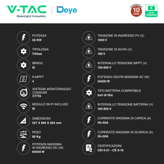 V-Tac Inverter Trifase Ibrido On-Grid / Off-Grid 50kW CEI 0-21 0-16