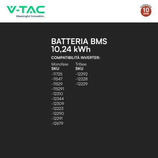 V-Tac Batteria BMS LiFePO4 51,2V 200Ah 10,24kWh Colore Nero