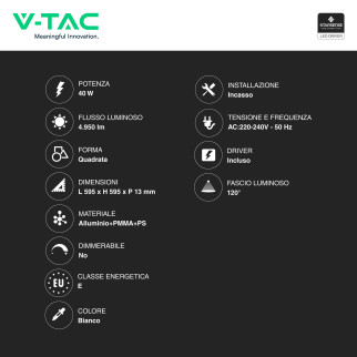 V-Tac VT-6060 Pannello LED Quadrato 60x60 40W