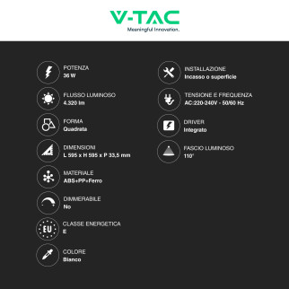 V-Tac VT-61037 Pannello LED Quadrato 60x60 36W