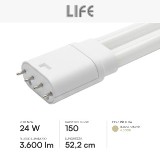 Life Lampadina LED 2G11 4 Pin 24W Tubolare PL-L SMD in Vetro