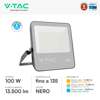 Faro LED 100W SMD Chip CREE IP65 Colore Nero VT-44101
