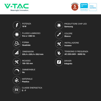 V-Tac Pro VT-61018 Pannello LED Quadrato 18W SMD Chip Samsung