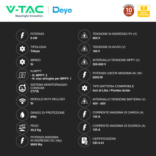 V-Tac Deye Inverter Trifase On-Grid / Off-Grid 6kW IP65