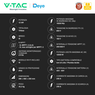 V-Tac Deye Inverter Trifase On-Grid / Off-Grid 12kW IP65