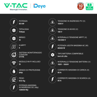 V-Tac Deye Inverter Trifase On-Grid / Off-Grid 80kW IP65