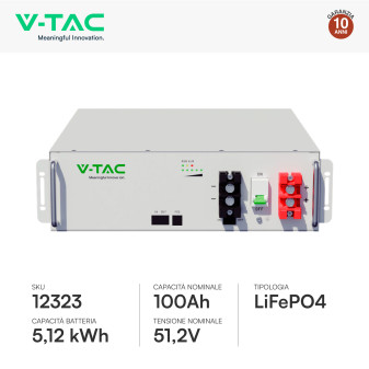 V-Tac Batteria BMS LiFePO4 51,2V 100Ah 5,12kWh Garanzia 10 Anni