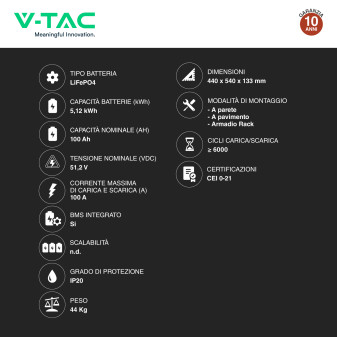 V-Tac Batteria BMS LiFePO4 51,2V 100Ah 5,12kWh Garanzia 10 Anni