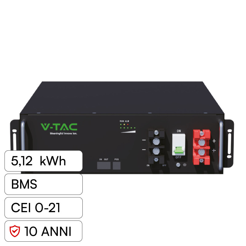 V-Tac Batteria BMS LiFePO4 51,2V 100Ah 5,12kWh Garanzia 10 Anni
