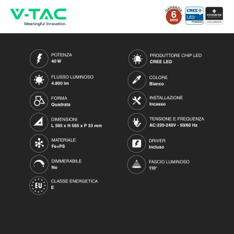 V-Tac VT-61044 Pannello LED CREE Quadrato 60x60 40W