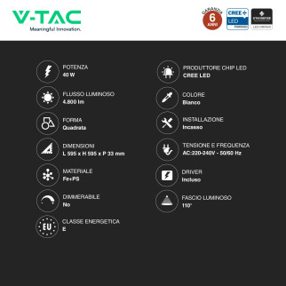 V-Tac VT-61044 Pannello LED CREE Quadrato 60x60 40W