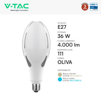 V-Tac Lampadina LED E27 36W  Oliva SMD CREE