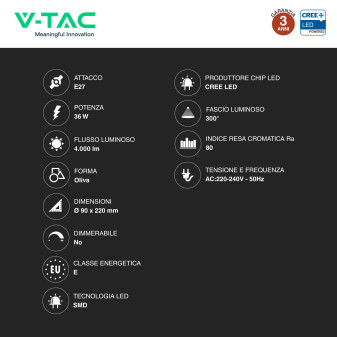 V-Tac Lampadina LED E27 36W  Oliva SMD CREE