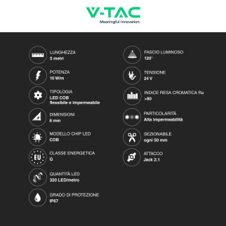 V-Tac VT-COB 320 Striscia LED COB Flessibile 50W 320 LED/m 5m 24V IP67
