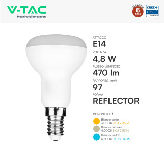 V-Tac VT-250 Lampadina LED E14 4,8W Reflector R50 Chip CREE