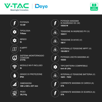 V-Tac Inverter Trifase Ibrido On-Grid / Off-Grid 15kW IP65 CEI 0-21