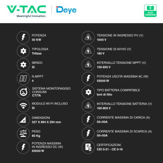 V-Tac Inverter Trifase Ibrido On-Grid / Off-Grid 50kW CEI 0-21 0-16