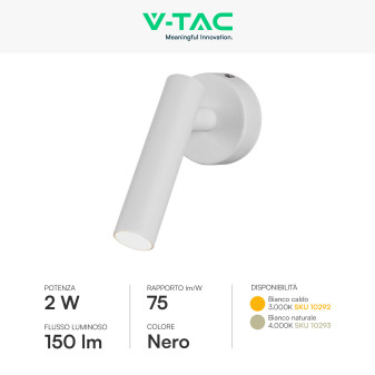 V-Tac VT-412-M Lampada LED da Muro Rotonda 2W SMD Bianca