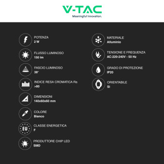V-Tac VT-412-M Lampada LED da Muro Rotonda 2W SMD Bianca