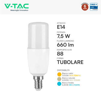 V-Tac VT-248 Lampadina LED E14 7,5W Tubolare T37 SMD Chip CREE