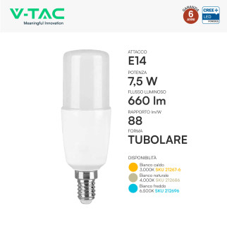 V-Tac VT-248 Lampadina LED E14 7,5W Tubolare T37 SMD Chip CREE