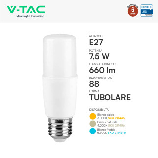 V-Tac VT-237 Lampadina LED E27 7,5W Tubolare T37 SMD Chip CREE