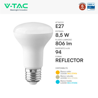 V-Tac VT-263 Lampadina LED E27 8,5W Reflector R63 SMD Chip CREE