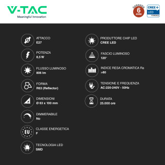 V-Tac VT-263 Lampadina LED E27 8,5W Reflector R63 SMD Chip CREE