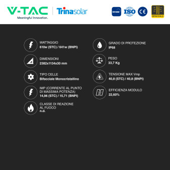 Pannelli Fotovoltaici 610W STC 641W BNPI TOPCon IP68 V-Tac Trinasolar