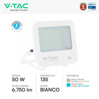 V-Tac VT-4455 Faro LED 50W SMD Chip CREE IP65 IK05 Bianco
