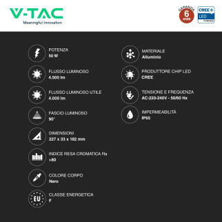 V-Tac VT-44058CCT Faro LED 50W SMD CREE IP65 IK06 CCT 3in1