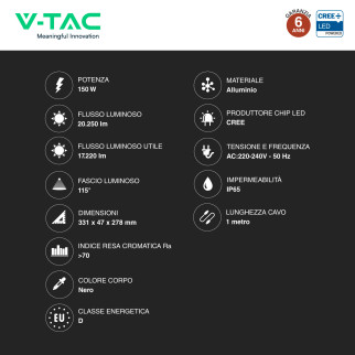 V-Tac VT-44153 Faro LED 150W SMD Chip CREE IP65 IK05 Nero