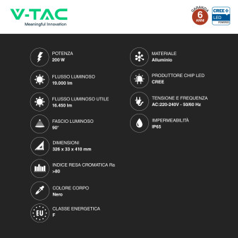 V-Tac VT-44209CCT Faro LED 200W SMD CREE IP65 IK06 CCT 3in1
