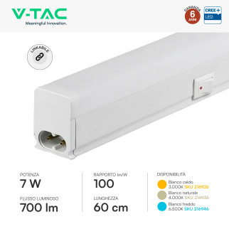 V-Tac VT-065 Plafoniera LED Lineare T5 7W SMD Chip CREE Linkabile