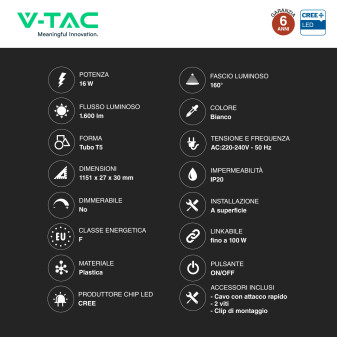 V-Tac VT-125 Plafoniera LED Lineare T5 16W SMD Chip CREE Linkabile